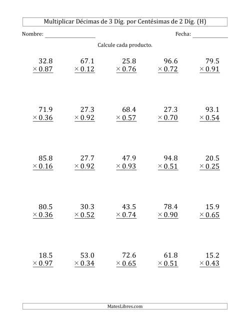 La hoja de ejercicios de Multiplicar Décimas de 3 Díg. por Centésimas de 2 Díg. (H)