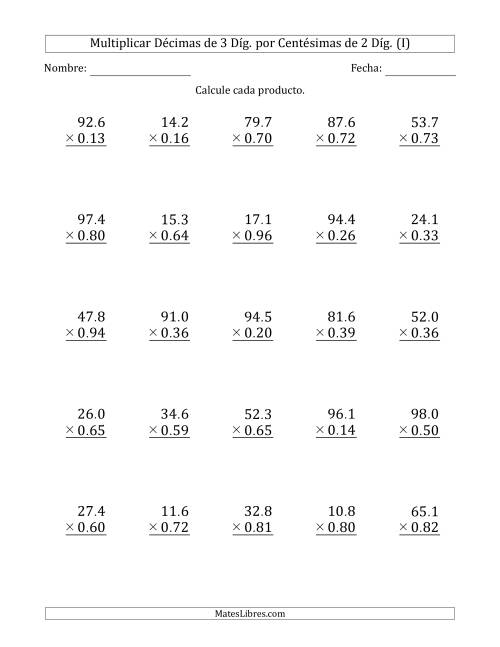 La hoja de ejercicios de Multiplicar Décimas de 3 Díg. por Centésimas de 2 Díg. (I)