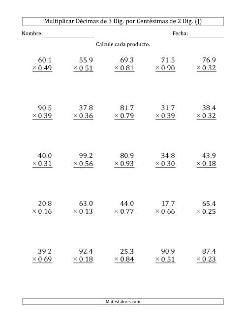 La hoja de ejercicios de Multiplicar Décimas de 3 Díg. por Centésimas de 2 Díg. (J)