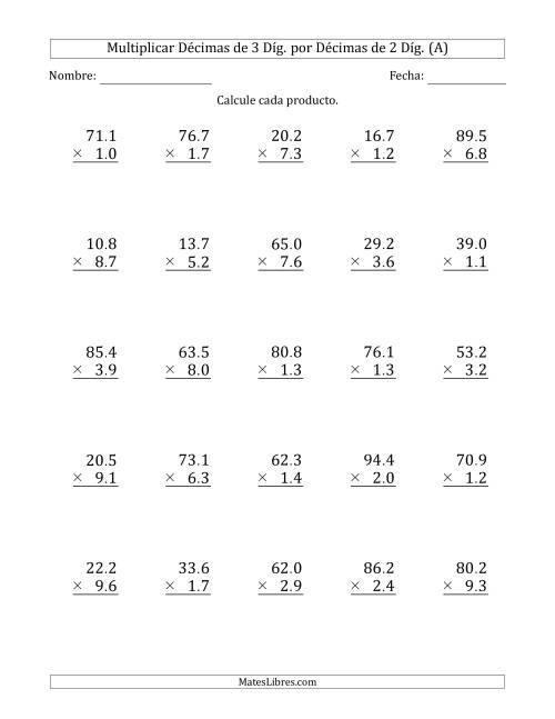 La hoja de ejercicios de Multiplicar Décimas de 3 Díg. por Décimas de 2 Díg. (A)