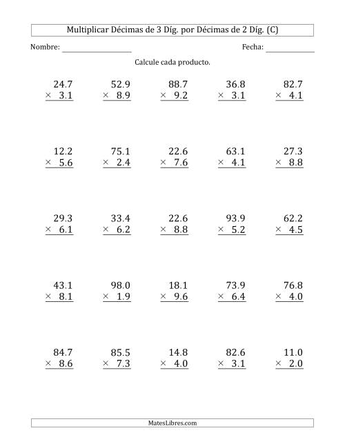 La hoja de ejercicios de Multiplicar Décimas de 3 Díg. por Décimas de 2 Díg. (C)