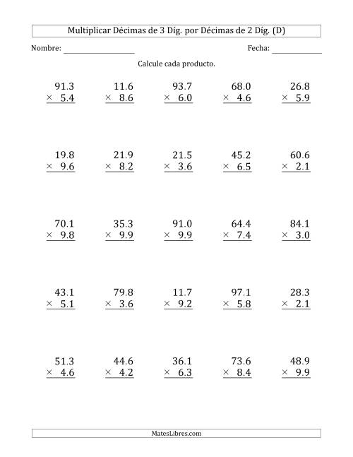 La hoja de ejercicios de Multiplicar Décimas de 3 Díg. por Décimas de 2 Díg. (D)