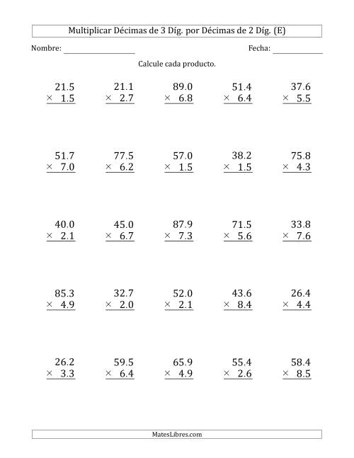 La hoja de ejercicios de Multiplicar Décimas de 3 Díg. por Décimas de 2 Díg. (E)