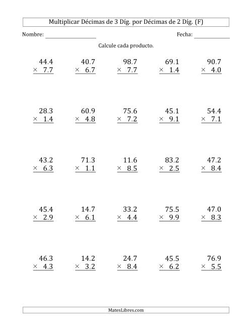 La hoja de ejercicios de Multiplicar Décimas de 3 Díg. por Décimas de 2 Díg. (F)