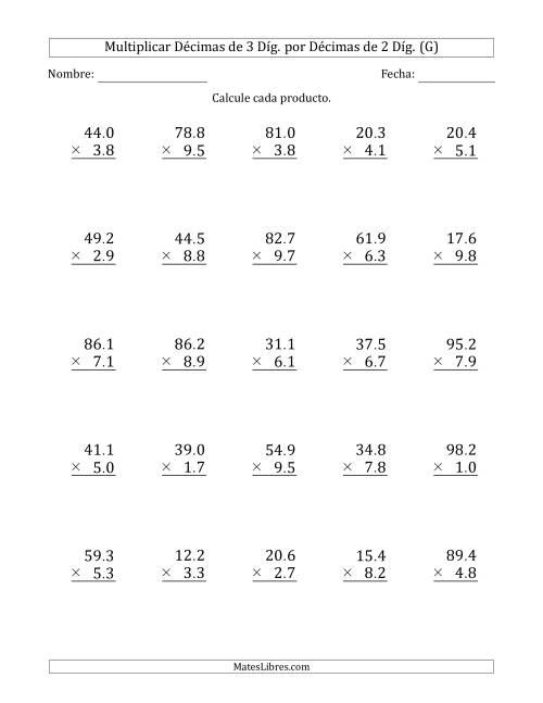 La hoja de ejercicios de Multiplicar Décimas de 3 Díg. por Décimas de 2 Díg. (G)
