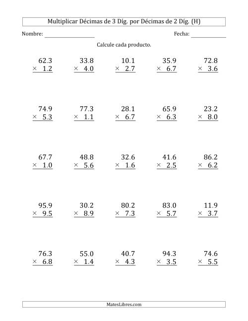 La hoja de ejercicios de Multiplicar Décimas de 3 Díg. por Décimas de 2 Díg. (H)