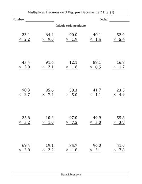 La hoja de ejercicios de Multiplicar Décimas de 3 Díg. por Décimas de 2 Díg. (I)
