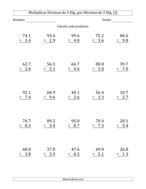 La hoja de ejercicios de Multiplicar Décimas de 3 Díg. por Décimas de 2 Díg. (J)