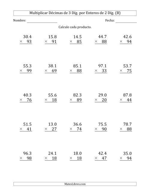 La hoja de ejercicios de Multiplicar Décimas de 3 Díg. por Enteros de 2 Díg. (B)