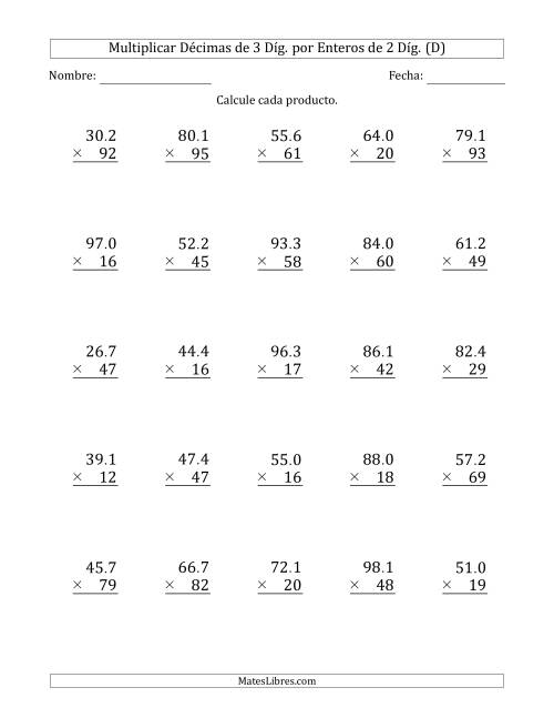 La hoja de ejercicios de Multiplicar Décimas de 3 Díg. por Enteros de 2 Díg. (D)