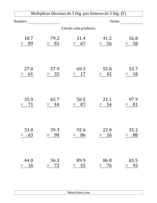 La hoja de ejercicios de Multiplicar Décimas de 3 Díg. por Enteros de 2 Díg. (F)