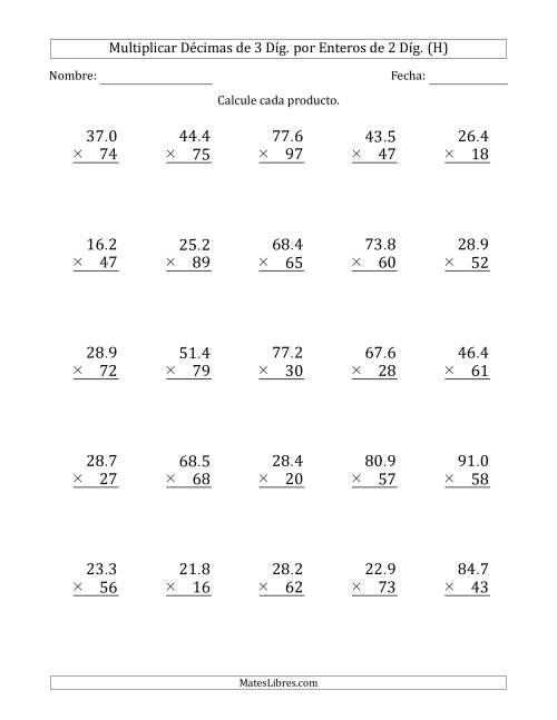 La hoja de ejercicios de Multiplicar Décimas de 3 Díg. por Enteros de 2 Díg. (H)