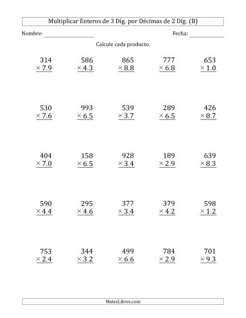 La hoja de ejercicios de Multiplicar Enteros de 3 Díg. por Décimas de 2 Díg. (B)