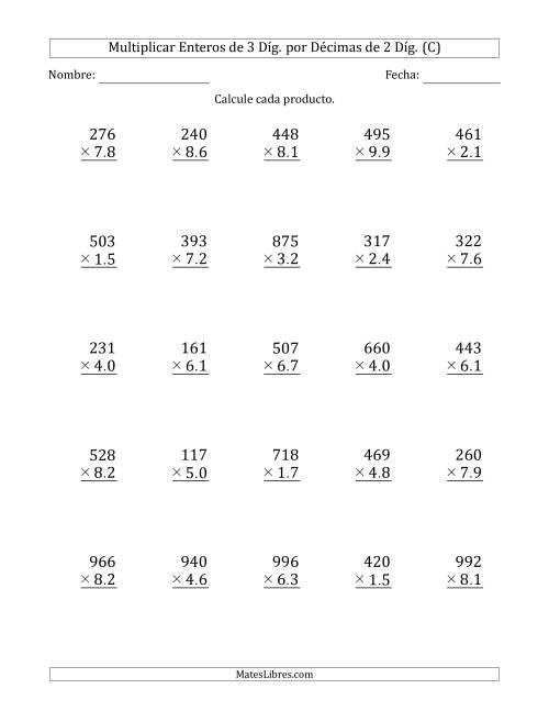 La hoja de ejercicios de Multiplicar Enteros de 3 Díg. por Décimas de 2 Díg. (C)
