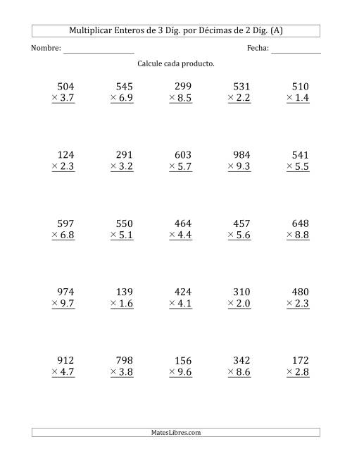 La hoja de ejercicios de Multiplicar Enteros de 3 Díg. por Décimas de 2 Díg. (Todas)