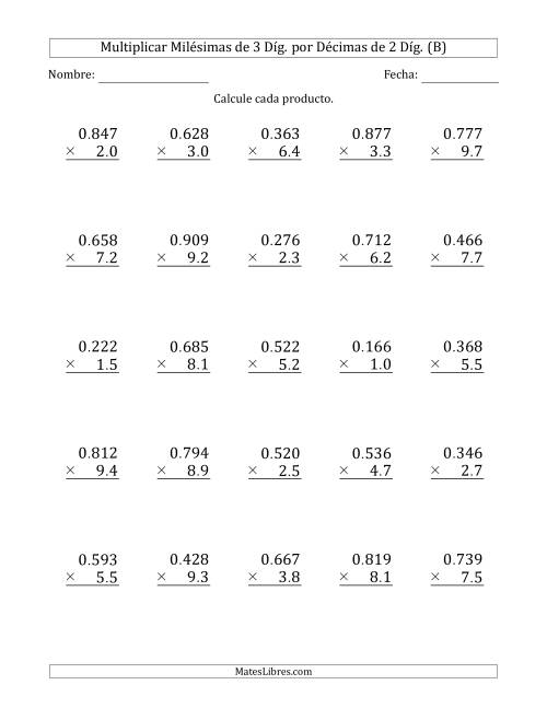 La hoja de ejercicios de Multiplicar Milésimas de 3 Díg. por Décimas de 2 Díg. (B)