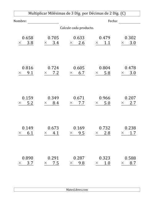 La hoja de ejercicios de Multiplicar Milésimas de 3 Díg. por Décimas de 2 Díg. (C)
