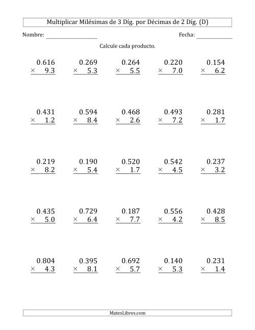 La hoja de ejercicios de Multiplicar Milésimas de 3 Díg. por Décimas de 2 Díg. (D)