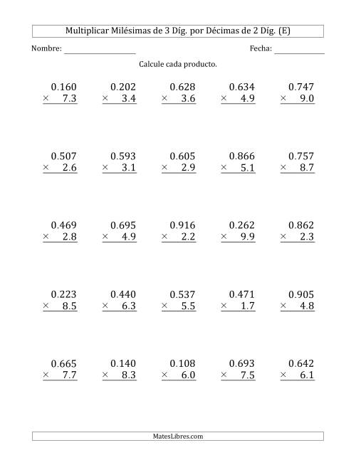La hoja de ejercicios de Multiplicar Milésimas de 3 Díg. por Décimas de 2 Díg. (E)