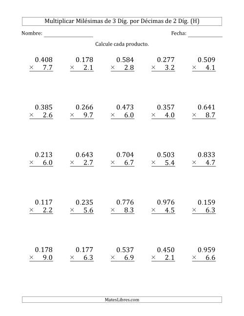 La hoja de ejercicios de Multiplicar Milésimas de 3 Díg. por Décimas de 2 Díg. (H)