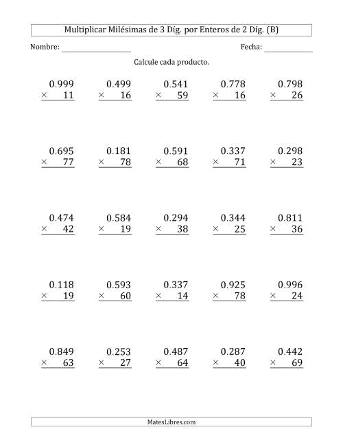 La hoja de ejercicios de Multiplicar Milésimas de 3 Díg. por Enteros de 2 Díg. (B)