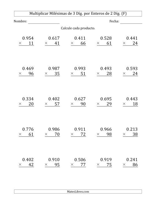La hoja de ejercicios de Multiplicar Milésimas de 3 Díg. por Enteros de 2 Díg. (F)
