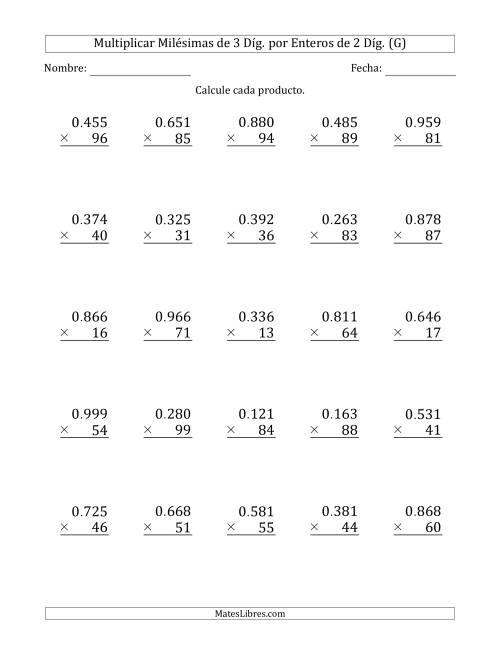 La hoja de ejercicios de Multiplicar Milésimas de 3 Díg. por Enteros de 2 Díg. (G)