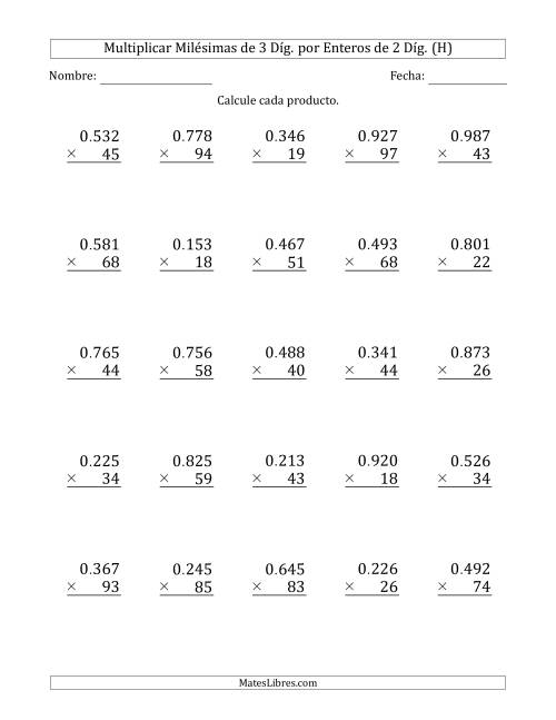 La hoja de ejercicios de Multiplicar Milésimas de 3 Díg. por Enteros de 2 Díg. (H)