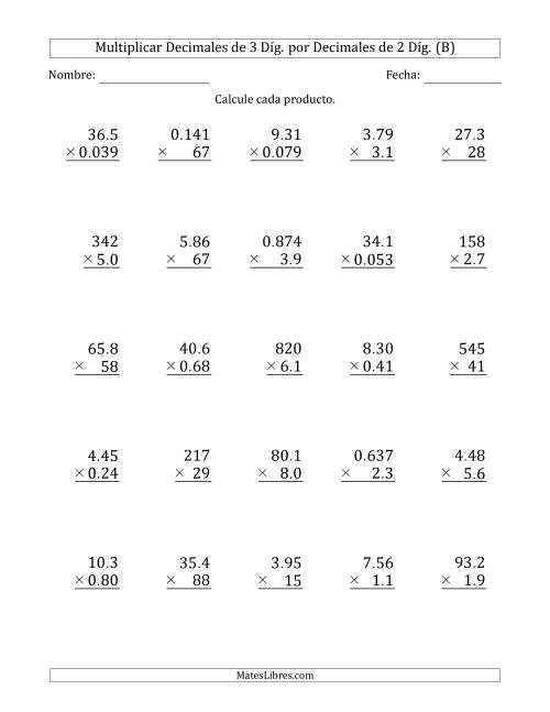 La hoja de ejercicios de Multiplicar Decimales de 3 Díg. por Decimales de 2 Díg. (B)