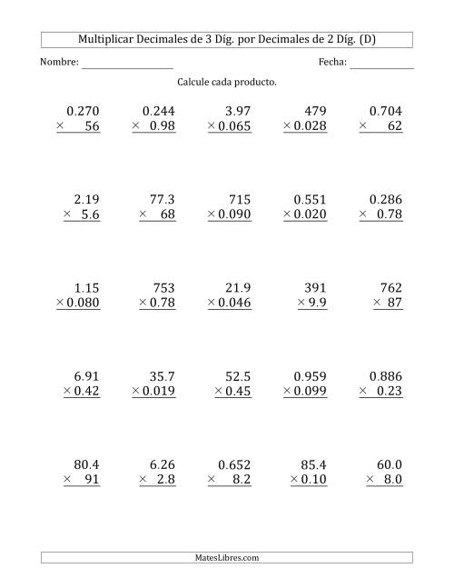 La hoja de ejercicios de Multiplicar Decimales de 3 Díg. por Decimales de 2 Díg. (D)