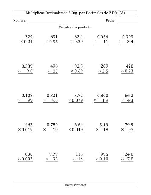 La hoja de ejercicios de Multiplicar Decimales de 3 Díg. por Decimales de 2 Díg. (Todas)