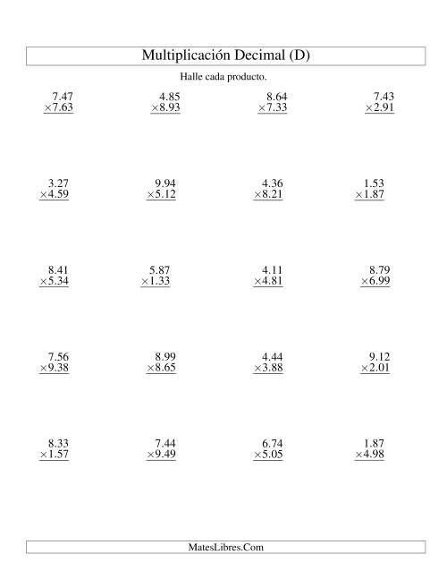 La hoja de ejercicios de Multiplicación de Decimales -- Centésimas de 1.01 a 9.99 (D)
