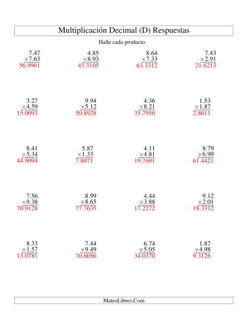 La hoja de ejercicios de Multiplicación de Decimales -- Centésimas de 1.01 a 9.99 (D) Página 2