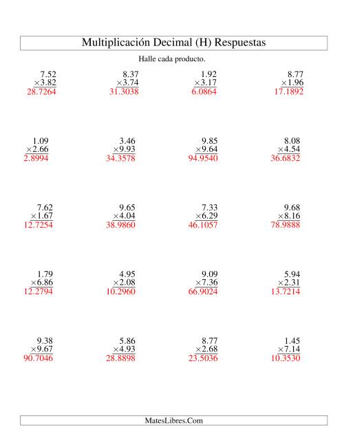 La hoja de ejercicios de Multiplicación de Decimales -- Centésimas de 1.01 a 9.99 (H) Página 2