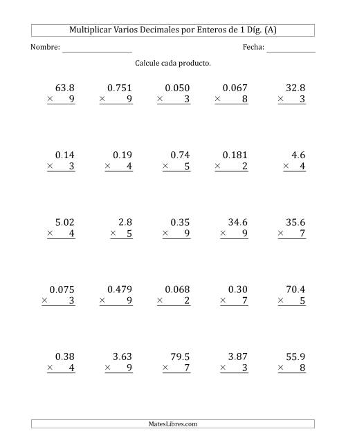 La hoja de ejercicios de Multiplicar Varios Decimales por Enteros de 1 Díg. (A)