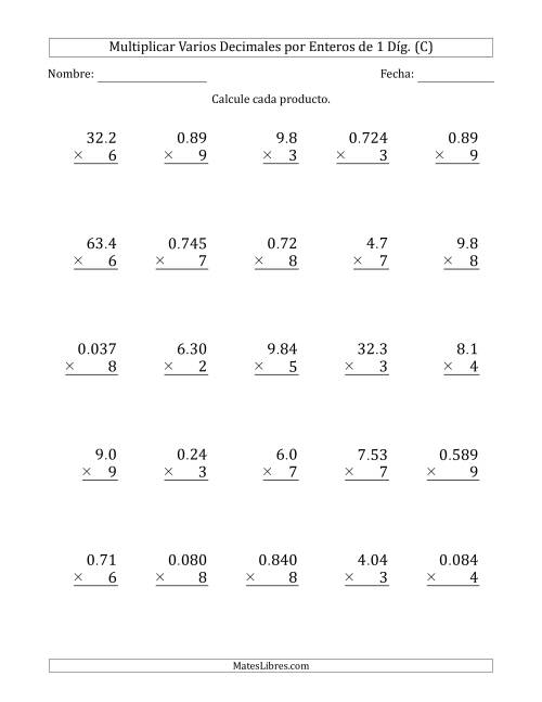 La hoja de ejercicios de Multiplicar Varios Decimales por Enteros de 1 Díg. (C)