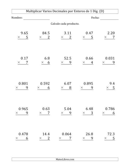 La hoja de ejercicios de Multiplicar Varios Decimales por Enteros de 1 Díg. (D)