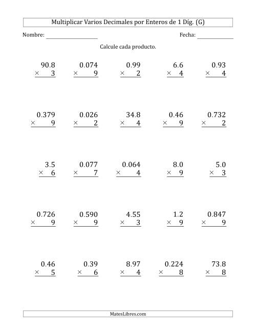 La hoja de ejercicios de Multiplicar Varios Decimales por Enteros de 1 Díg. (G)