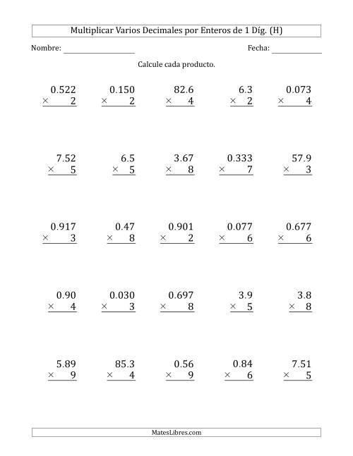 La hoja de ejercicios de Multiplicar Varios Decimales por Enteros de 1 Díg. (H)