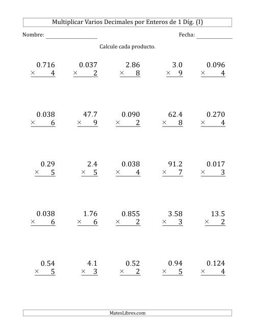 La hoja de ejercicios de Multiplicar Varios Decimales por Enteros de 1 Díg. (I)