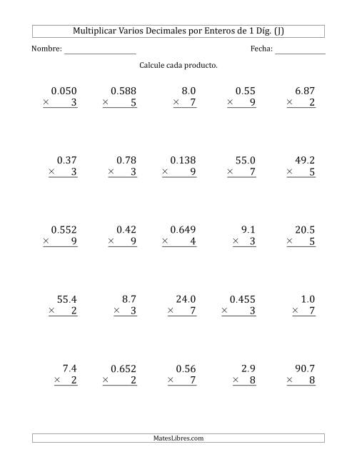 La hoja de ejercicios de Multiplicar Varios Decimales por Enteros de 1 Díg. (J)
