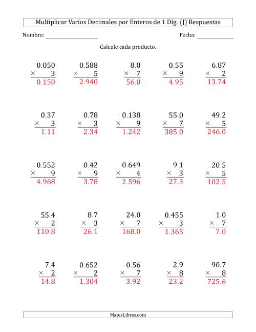 La hoja de ejercicios de Multiplicar Varios Decimales por Enteros de 1 Díg. (J) Página 2