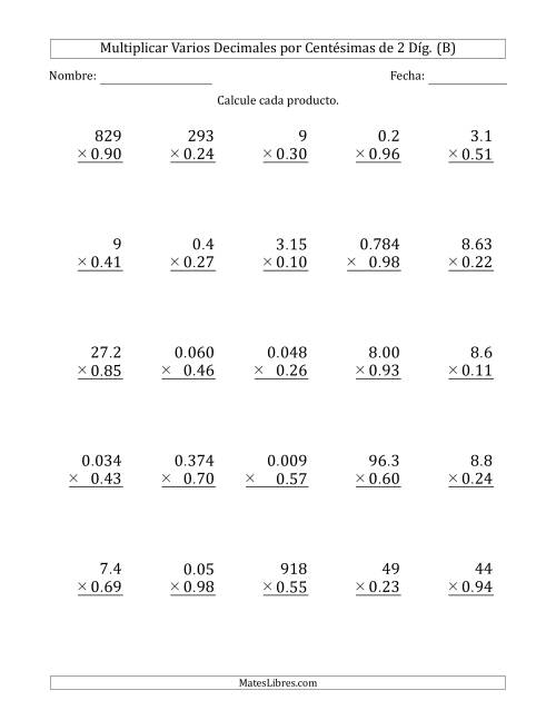 La hoja de ejercicios de Multiplicar Varios Decimales por Centésimas de 2 Díg. (B)