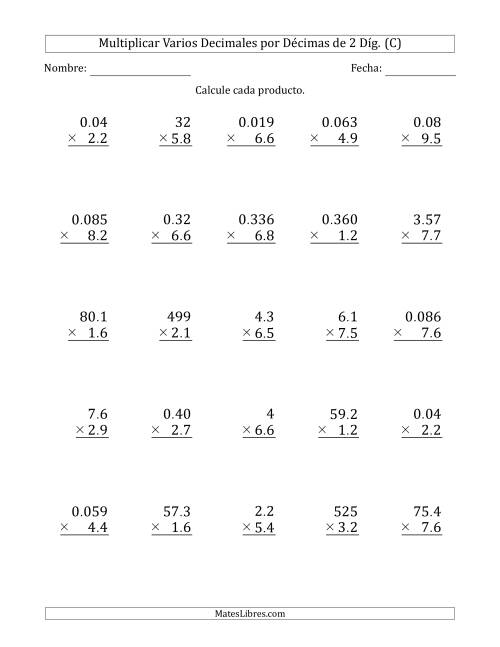 La hoja de ejercicios de Multiplicar Varios Decimales por Décimas de 2 Díg. (C)