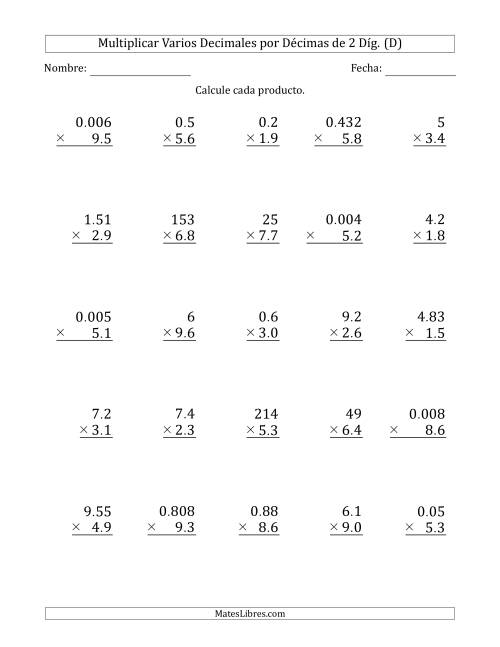 La hoja de ejercicios de Multiplicar Varios Decimales por Décimas de 2 Díg. (D)