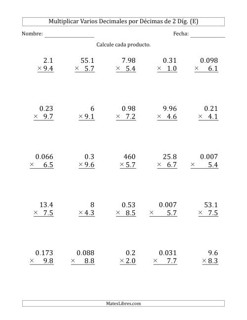 La hoja de ejercicios de Multiplicar Varios Decimales por Décimas de 2 Díg. (E)