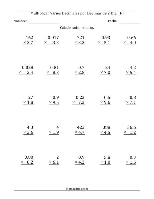 La hoja de ejercicios de Multiplicar Varios Decimales por Décimas de 2 Díg. (F)