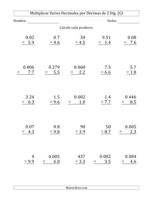 La hoja de ejercicios de Multiplicar Varios Decimales por Décimas de 2 Díg. (G)