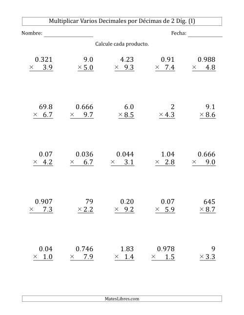 La hoja de ejercicios de Multiplicar Varios Decimales por Décimas de 2 Díg. (I)