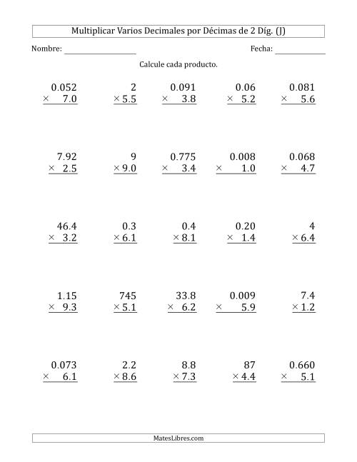 La hoja de ejercicios de Multiplicar Varios Decimales por Décimas de 2 Díg. (J)